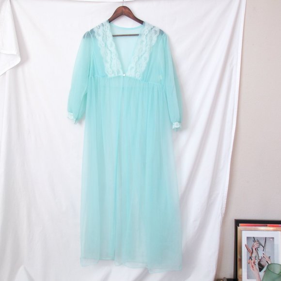 VINTAGE 50s Sears Teal Blue Peignoir Dress True Vintage USA Chiffon Nightgown - Picture 8 of 8
